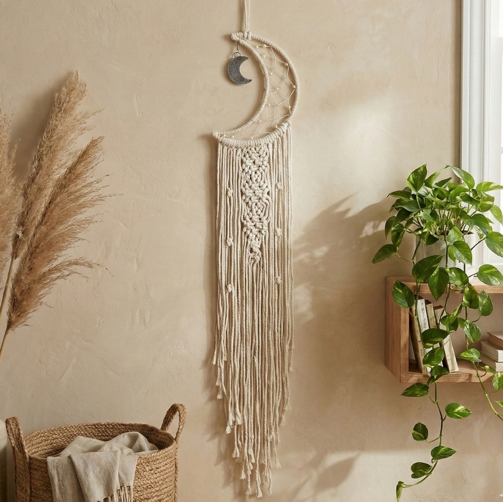Macrame Moon Dreamcatcher Wall Hanging Boho Bedroom Nursery Decor 38" Cream